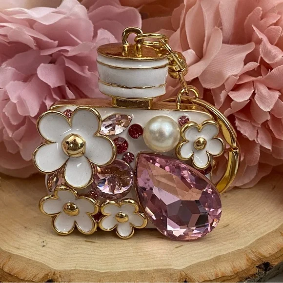 Pink Crystal Flower Perfume Bottle Keychain Charm - Picture 8 of 16